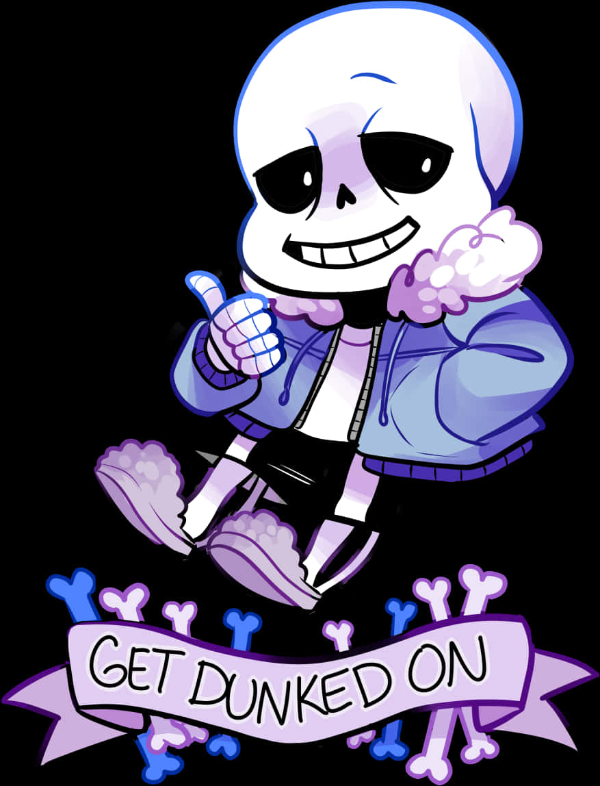Undertale Sans 被 dunk 的畫面 壁紙 — 一個穿著紫色外套的開心卡通骷髏，在黑色背景上豎起大拇指，旁邊有一個骨頭橫幅。