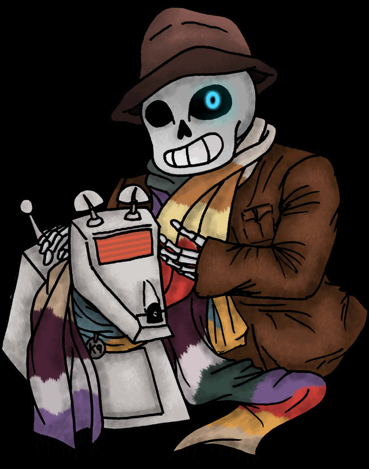Undertale Sans 檢察官造型 壁紙 — 一個卡通骷髏穿著棕色軟呢帽和外套，在黑色背景下抱著一個有藍色發光眼睛的機械人。