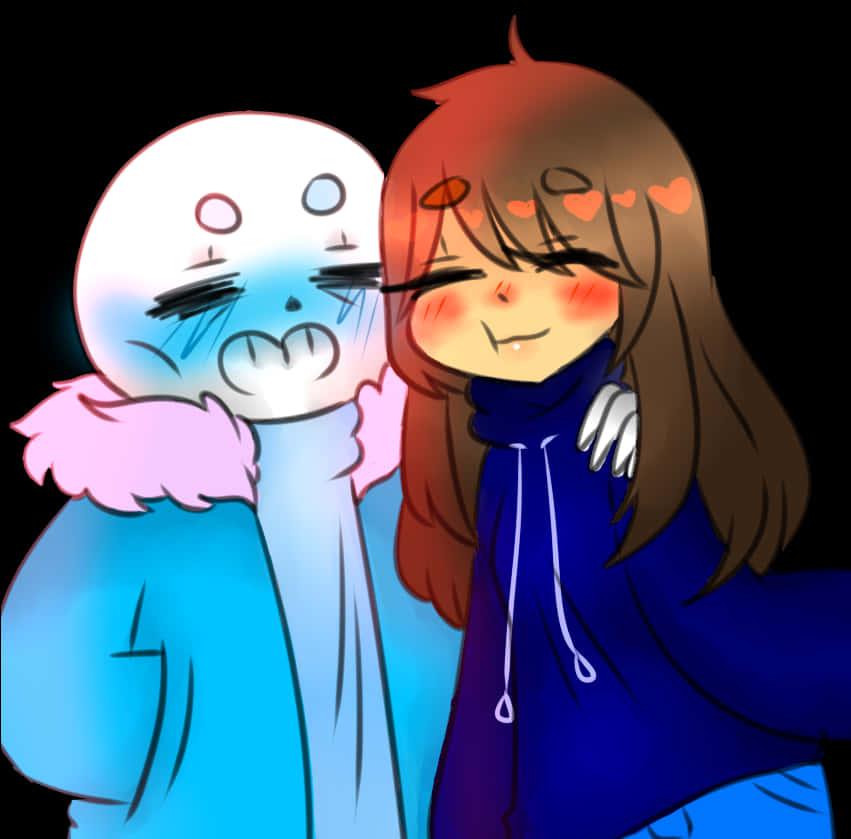 Undertale Sans 與 Frisk 的親密瞬間 壁紙 — 一個可愛的動漫女孩，棕色頭髮，臉頰泛紅，在黑色背景前擁抱一個穿著粉紅色領外套的藍色幽靈角色。