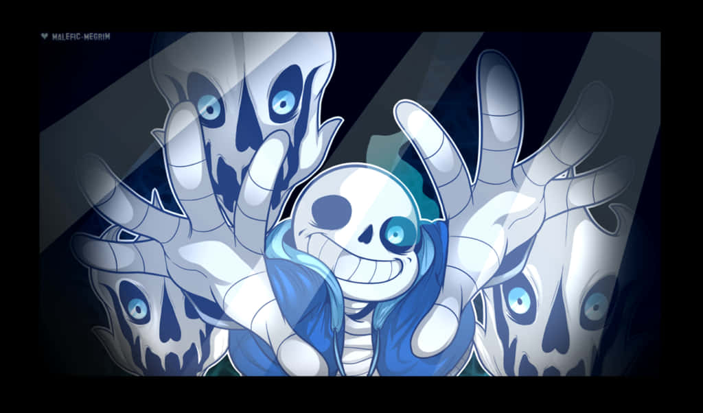 Undertale Sans 多發 Gaster Blaster 攻擊 壁紙 — 一個開心的藍皮膚骷髏角色，眼睛發光，在黑暗的動漫場景中被幽靈般的手包圍。