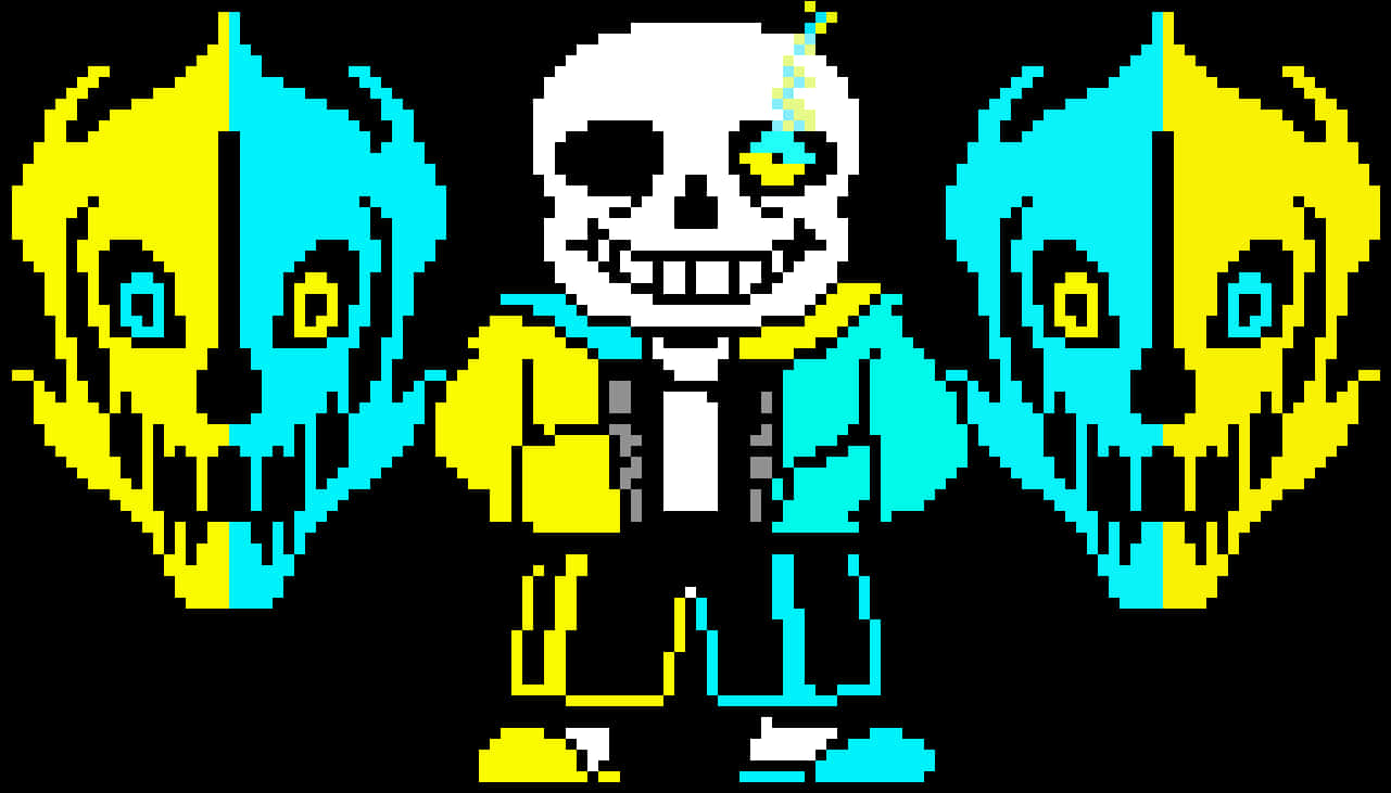 Undertale Sans 配雙 Gaster Blaster 像素藝術 壁紙 — 像素藝術角色，骷髏臉，黃藍配色，兩側有兩個兇猛的骷髏，背景為黑色。