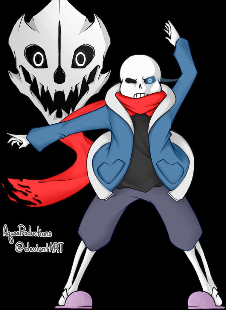 Undertale Sans 與 Gaster Blaster 藝術 壁紙 — 一個風格化的骷髏角色，身穿藍色外套和紅色圍巾，在黑色背景前，在一個更大的威脅性頭骨旁邊擺出動態姿勢。