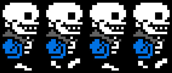 Undertale Sans表情像素藝術 壁紙 — 四個相同嘅像素化白色骷髏骨，身穿藍色恤衫，喺黑色背景上齊步前進。