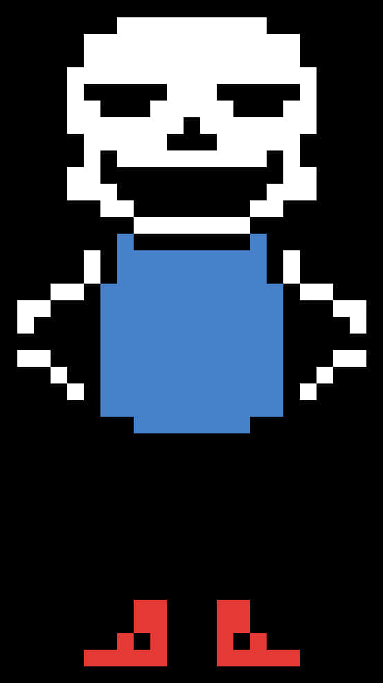Undertale Sans 像素藝術 壁紙 — 像素化白色骷髏角色，身穿藍色襯衫和紅色鞋子，站在黑色背景前。