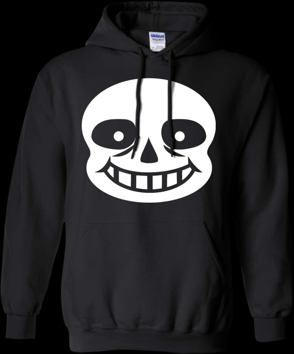 Undertale Sans連帽衫設計 壁紙 — 一件黑色連帽衛衣，上面有一個大型白色卡通骷髏圖案，有著大眼睛和露齒笑容，背景為深色。