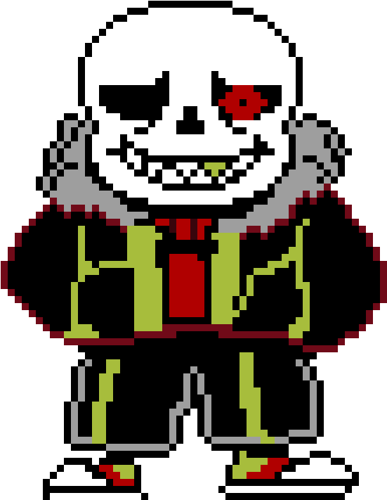 Undertale Sans像素藝術 壁紙 — 像素藝術骷髏角色，有一隻紅色眼睛和綠色服裝，背景為黑色。