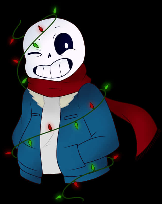 Undertale Sans 假日燈飾 壁紙 — 一個快樂的卡通骷髏，戴著紅色圍巾和藍色外套，被發光的紅色和綠色聖誕燈飾包裹著，背景是黑色。