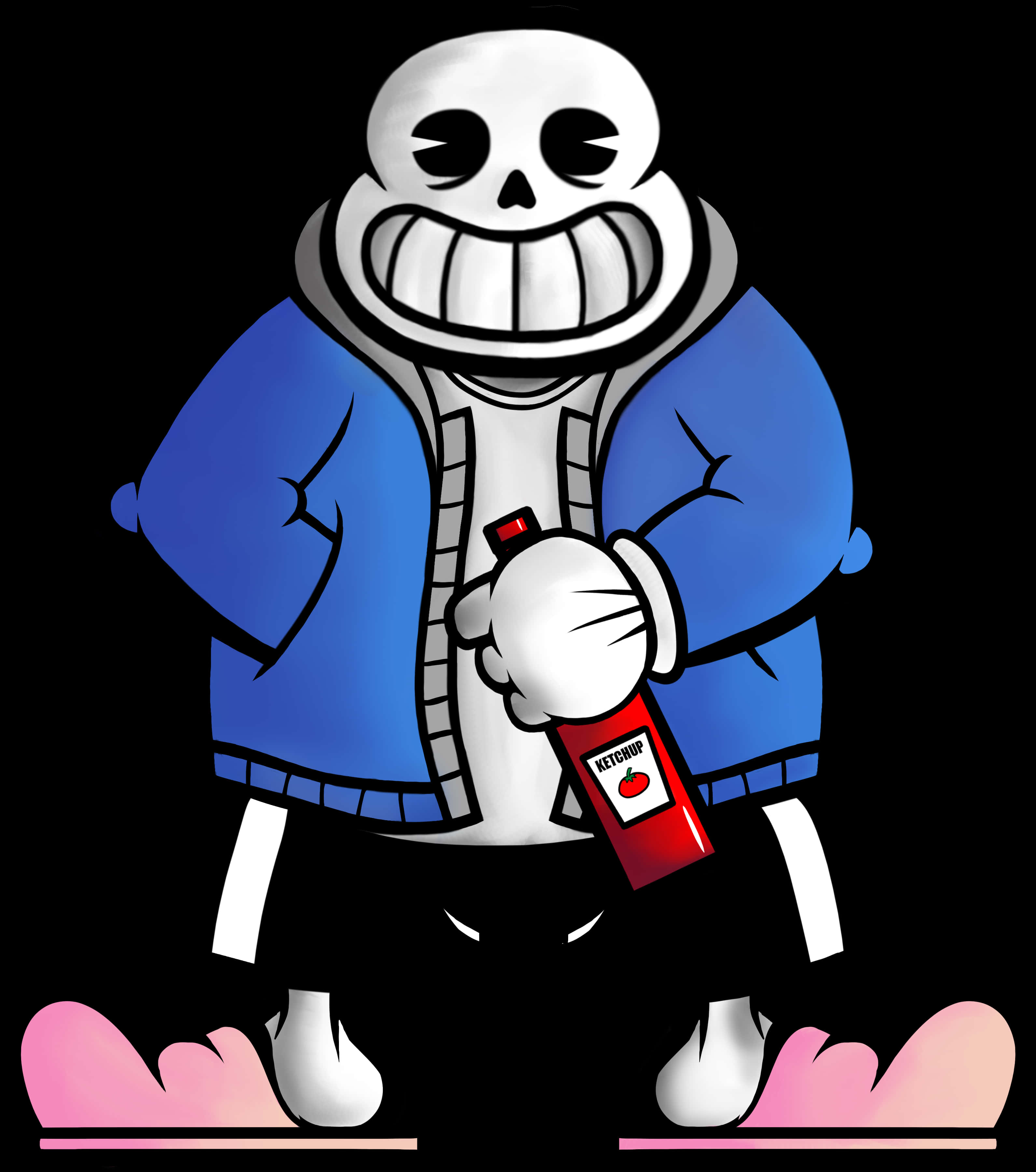 Undertale Sans 拿番茄醬瓶插畫 壁紙 — 一個卡通骷髏穿著藍色外套，在黑色背景上拿著番茄醬瓶，帶有粉紅色腳印。