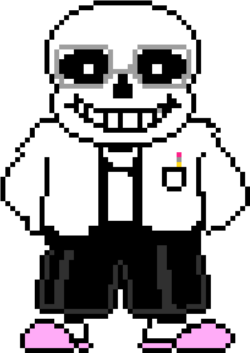Undertale Sans像素藝術 壁紙 — 像素藝術骷髏角色戴眼鏡和粉紅色鞋子站在黑色背景前。