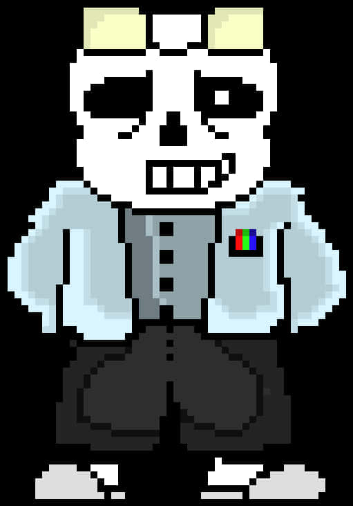 像素化 Undertale 角色 Sans 壁紙 — 像素藝術骷髏角色，身穿淺藍色襯衫和深色褲子，帶有彩虹別針，背景為黑色。