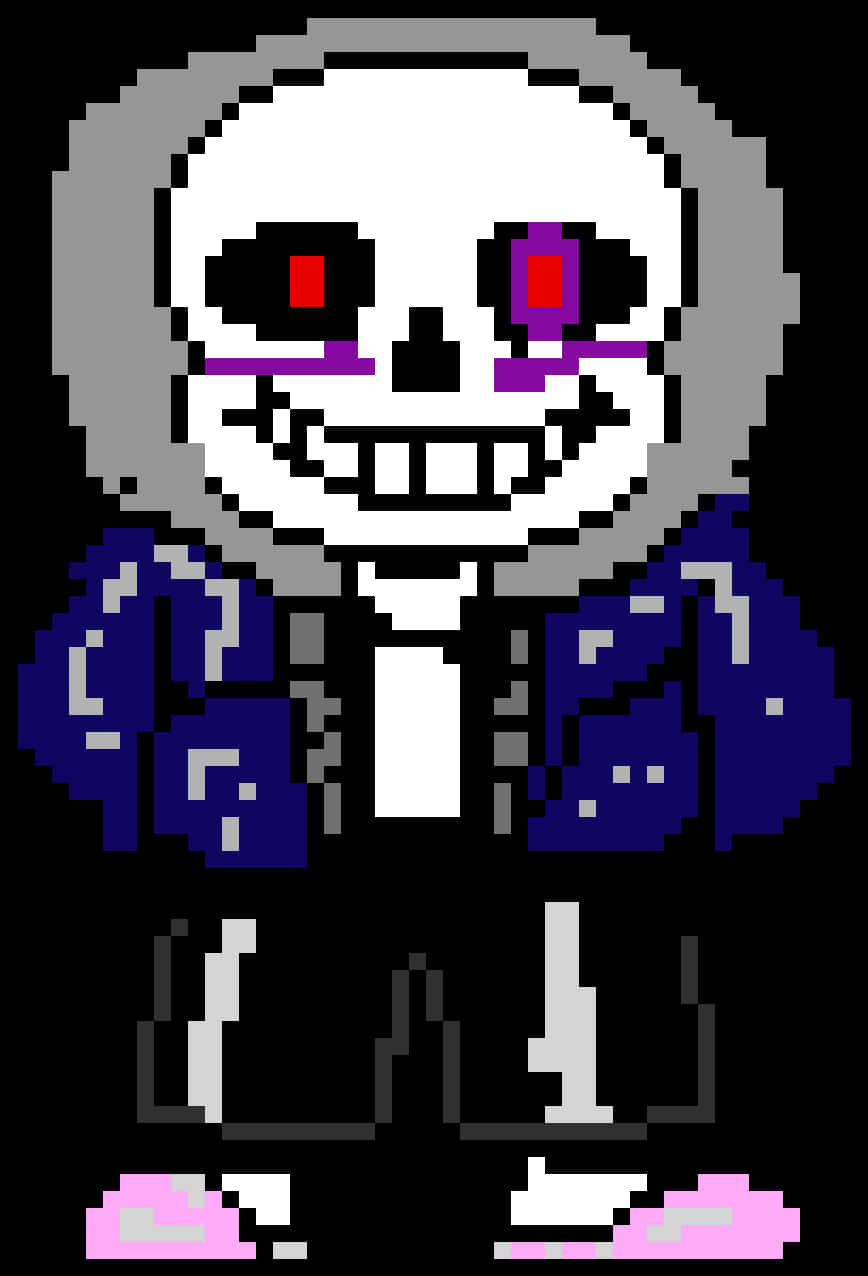 像素化 Undertale 角色 Sans 壁紙 — 一個像素藝術骷髏角色，有紅色眼睛、紫色標記和粉紅色鞋子，站在黑色背景前。