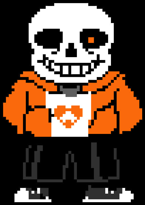 Undertale 中的 Sans 像素藝術 壁紙 — 像素藝術骷髏角色，身穿橙色連帽衫，帶有心形標誌，背景為黑色。