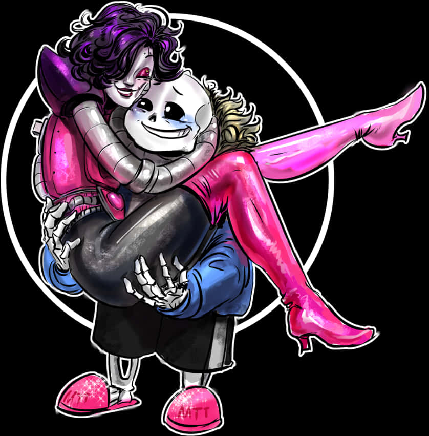 Undertale Sans 與 Mettaton 擁抱 壁紙 — 一個紫髮動漫女孩在黑色背景上有一個白色圓圈，擁抱一個穿著粉紅色靴子微笑的骷髏。