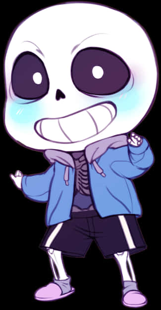 Undertale Sans 角色插畫 壁紙 — 一個Q版骷髏角色，有大眼睛和燦爛的笑容，穿著藍色連帽衫和短褲，背景為黑色。