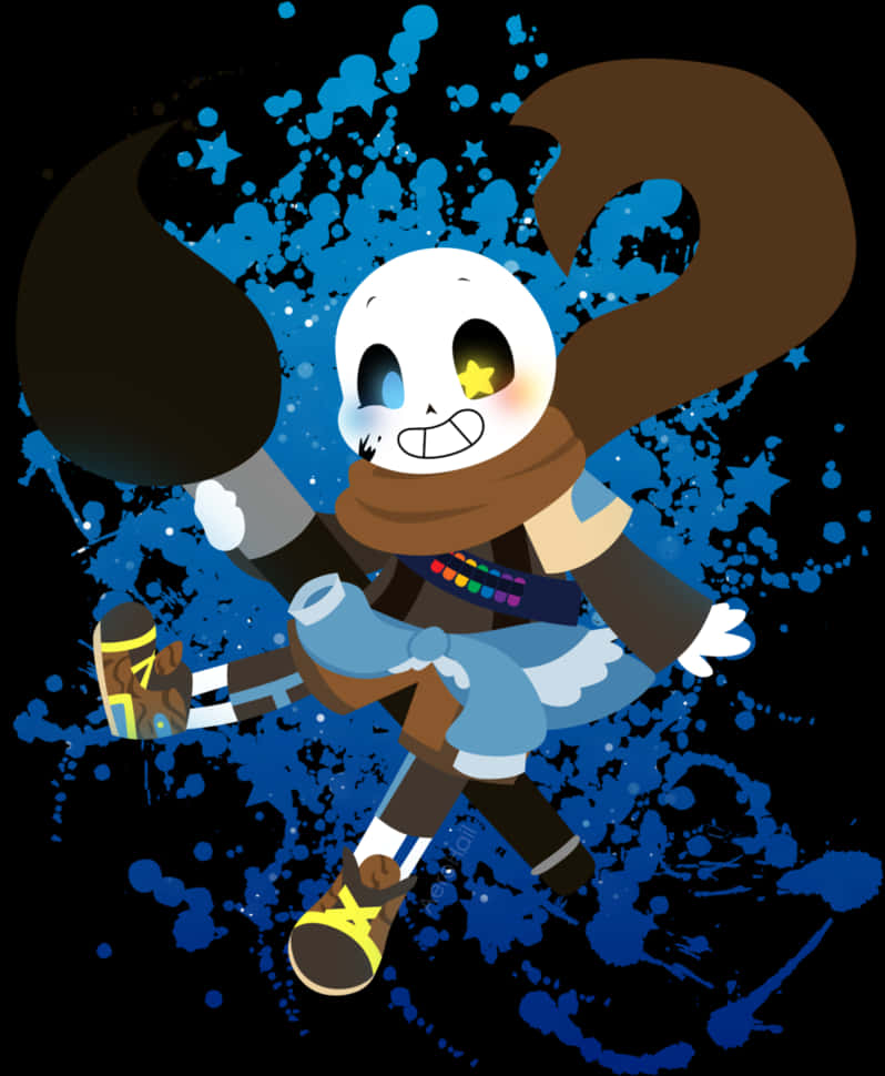 Undertale 角色 Sans 動畫形象 壁紙 — 一個快樂的骷髏角色，有棕色辮子和圍巾，在黑色背景上動態跳躍，背景上有藍色油漆和星星。