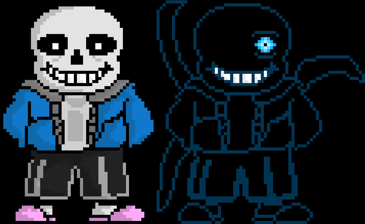 Undertale Sans 和 Papyrus 像素藝術 壁紙 — 兩個像素藝術骷髏並排站立，一個穿著藍色外套，另一個發出藍光單眼，背景為黑色。