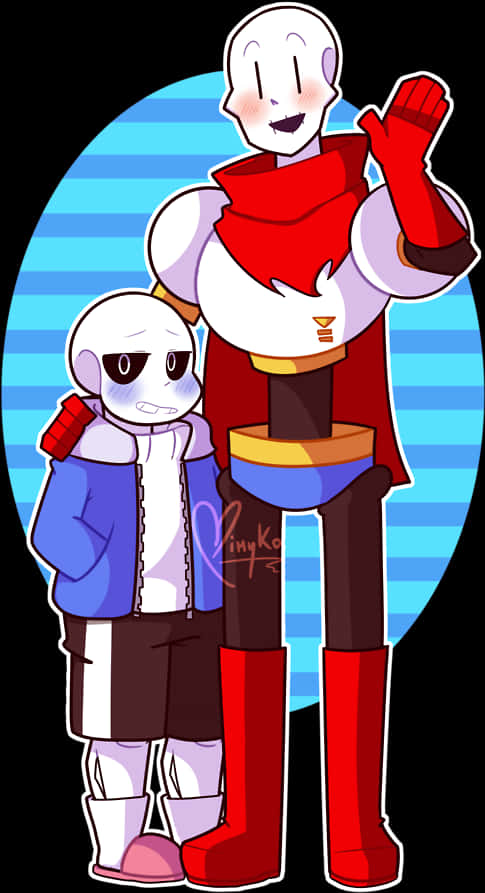 Undertale Sans 與 Papyrus 藝術 壁紙 — 兩個卡通人物，一個高個子戴紅色圍巾揮手，一個矮個子穿藍色外套，站在藍色條紋橢圓形背景前。