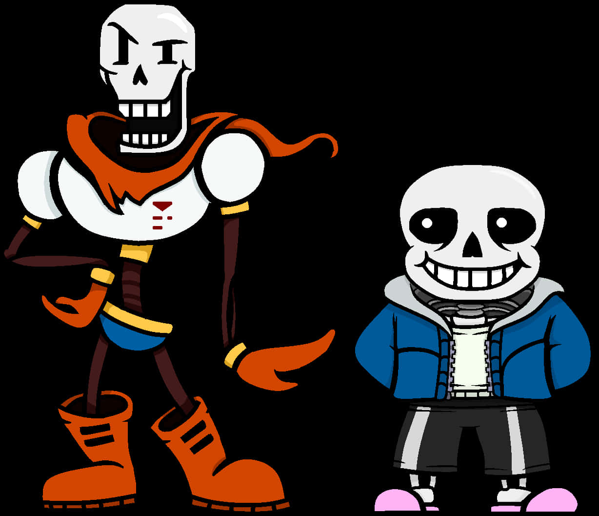 Undertale 中的 Sans 與 Papyrus 角色 壁紙 — 兩個卡通骷髏並排站在黑色背景前，一個穿著橙色衣服，另一個穿著藍色連帽衫。