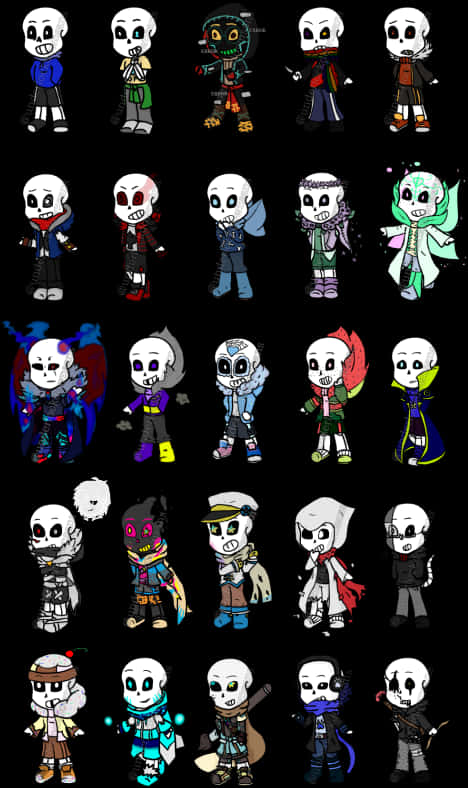 Undertale Sans多樣造型集合 壁紙 — 黑色背景上，各種色彩繽紛服裝和表情的Q版骷髏角色網格。