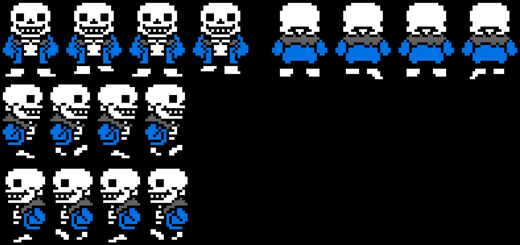 Undertale Sans 動畫角色圖鑒 壁紙 — 身穿藍色外套和白色帽子的骷髏角色像素藝術精靈，以網格排列在黑色背景上。