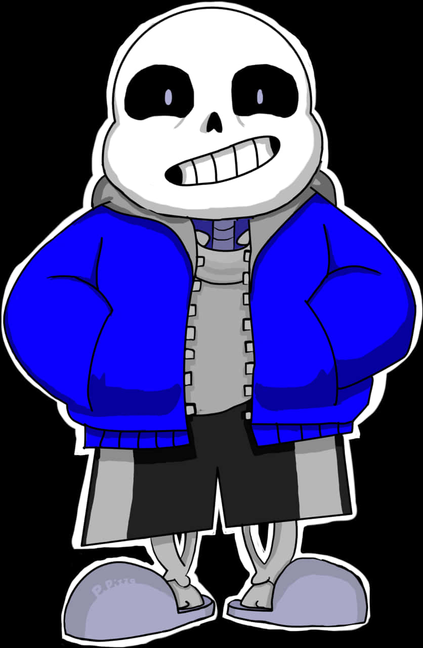 Undertale Sans 角色藝術 壁紙 — 一個卡通骷髏角色，咧嘴大笑，身穿藍色外套和灰色短褲，背景為黑色。