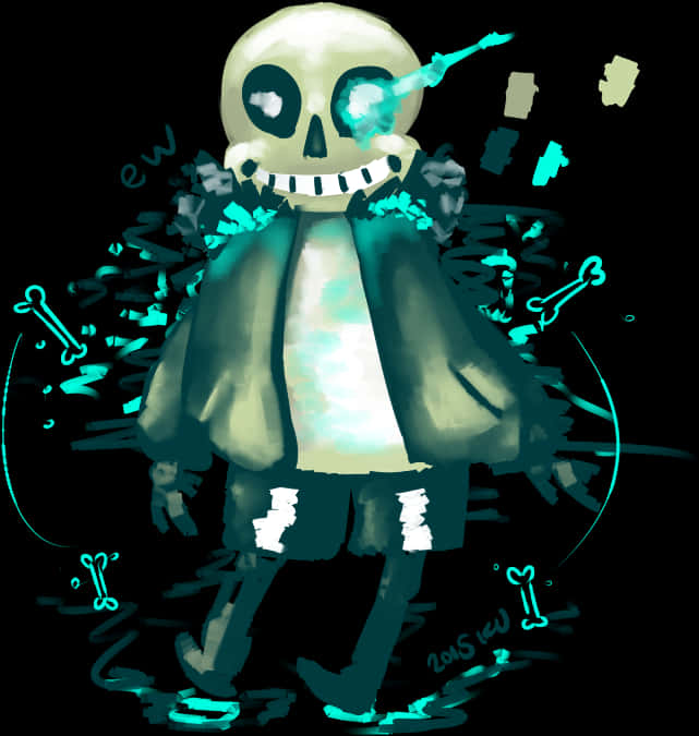 Undertale Sans發光眼藝術圖 壁紙 — 一個發光的青綠色骷髏角色，咧嘴大笑，骨頭漂浮在黑色背景上。