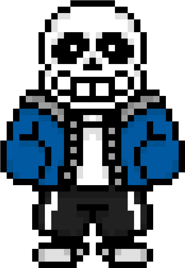 Undertale Sans 像素藝術 壁紙 — 一個像素藝術骷髏角色，身穿藍色外套和黑色褲子，站在黑色背景前。