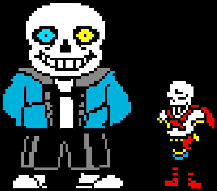 Undertale Sans 像素藝術 壁紙 — 兩個像素藝術骷髏，一個大嘅著藍色外套同彩色眼睛，另一個細嘅係紅色同黃色，背景係黑色。