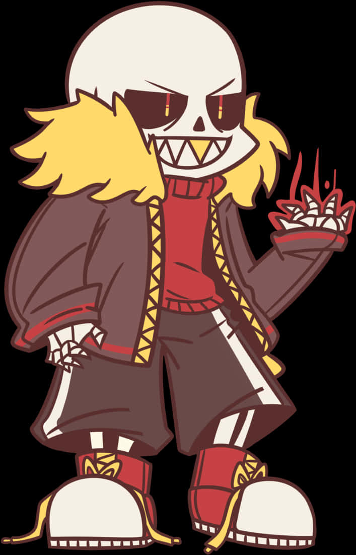 Undertale Sans 角色插畫 壁紙 — 一個卡通骷髏，黃色頭髮，紅色眼睛，穿著棕色外套，手持帶刺護手，背景為黑色。