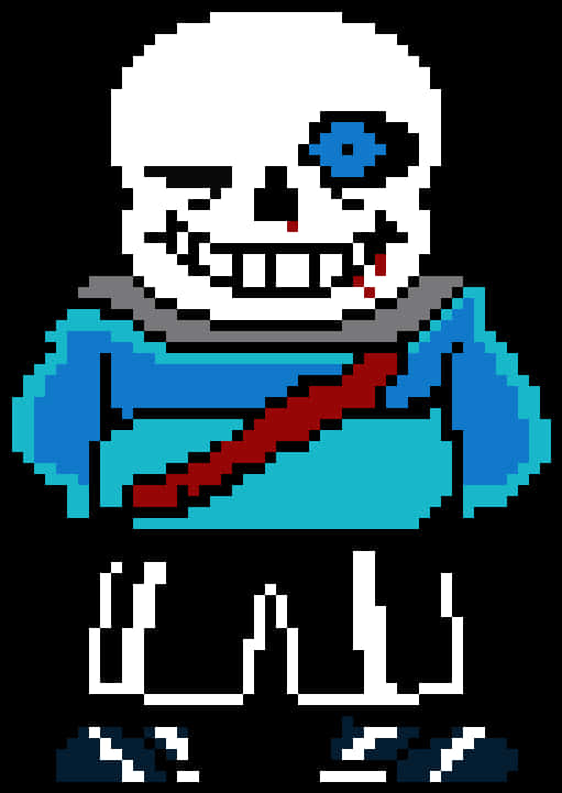 Undertale Sans像素藝術 壁紙 — 像素藝術骷髏角色，藍色眼睛和紅色刀刃，黑色背景。