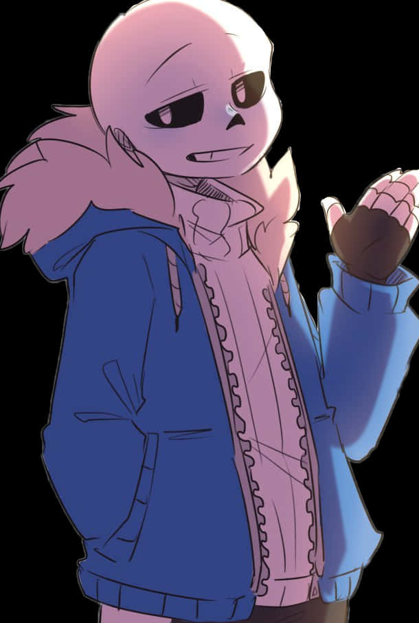 Undertale Sans 穿夾克 壁紙 — 一個粉紅色皮膚、骷髏臉的動漫角色，在黑色背景前穿著藍色外套配粉紅色連帽衫，並舉起一隻手。