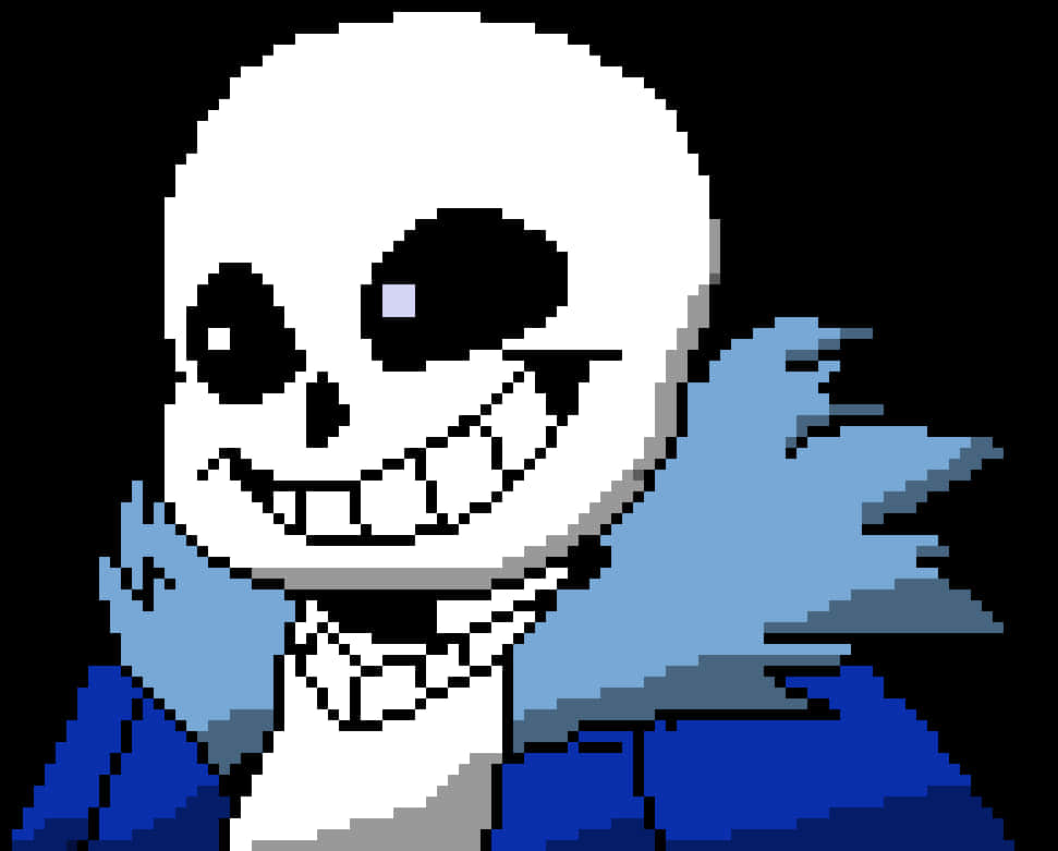 Undertale Sans 像素藝術 壁紙 — 像素藝術骷髏角色，身穿藍色外套和圍巾，在黑色背景上咧嘴笑。