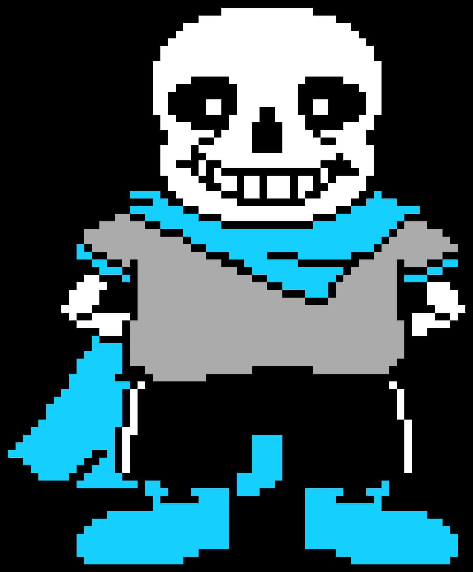 Undertale Sans 像素藝術 壁紙 — 像素藝術骷髏角色，戴著藍色圍巾和靴子，站在黑色背景前。
