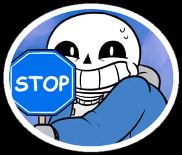 Undertale Sans手持停止標誌 壁紙 — 一個卡通骷髏咧嘴大笑，在漸變藍色背景上舉著一個藍色停車標誌。