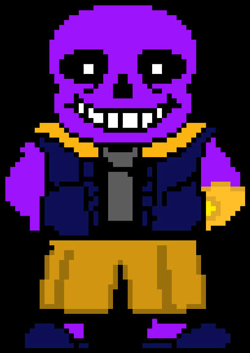 Undertale Sans像素藝術 壁紙 — 一個像素化的紫色骷髏角色，咧嘴大笑，穿著藍色背心和黃色短褲，背景為黑色。