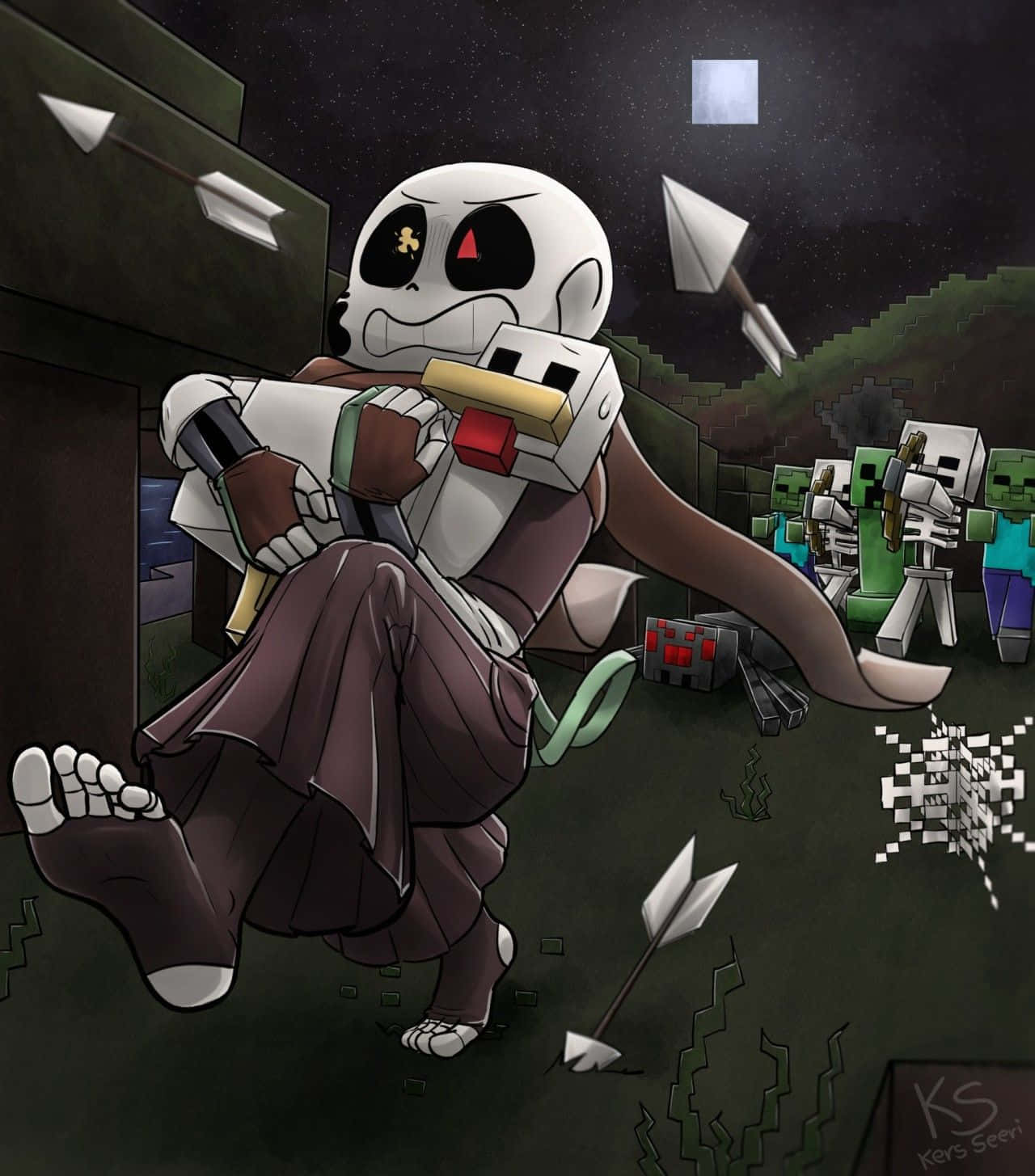 骷髏戰士在星空下的Minecraft殭屍戰鬥中躲避箭矢。