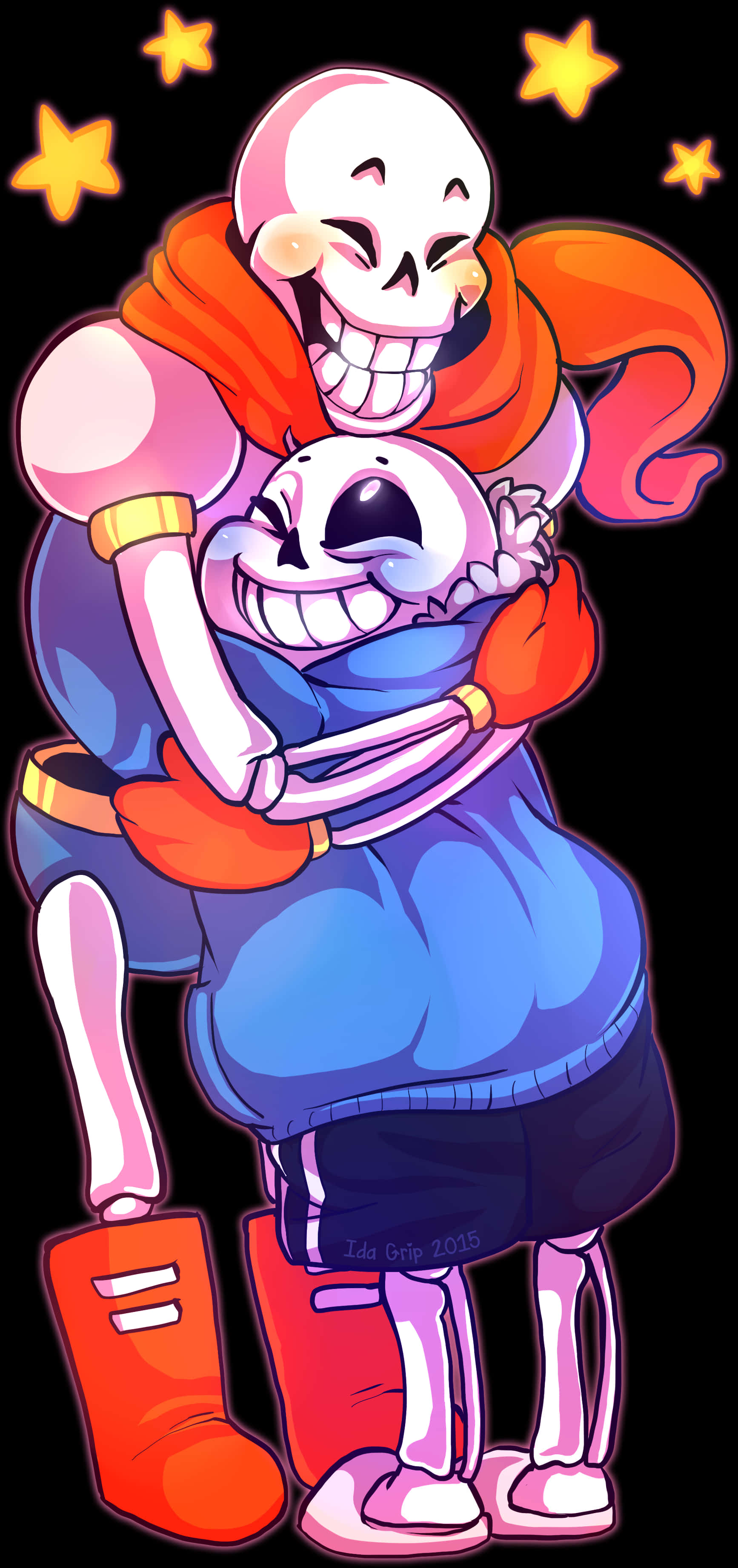 Undertale Sans與Papyrus擁抱 壁紙 — 兩個開心的骷髏角色在黑色背景上緊緊擁抱，背景有發光的黃色星星。