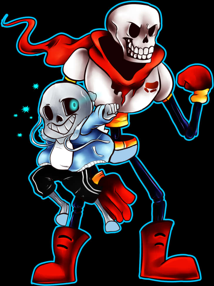 Undertale Sans與Papyrus藝術插畫 壁紙 — 兩個卡通骷髏穿著紅色和藍色服裝，在黑色背景上動態擺姿勢，帶有發光的藍色輪廓。