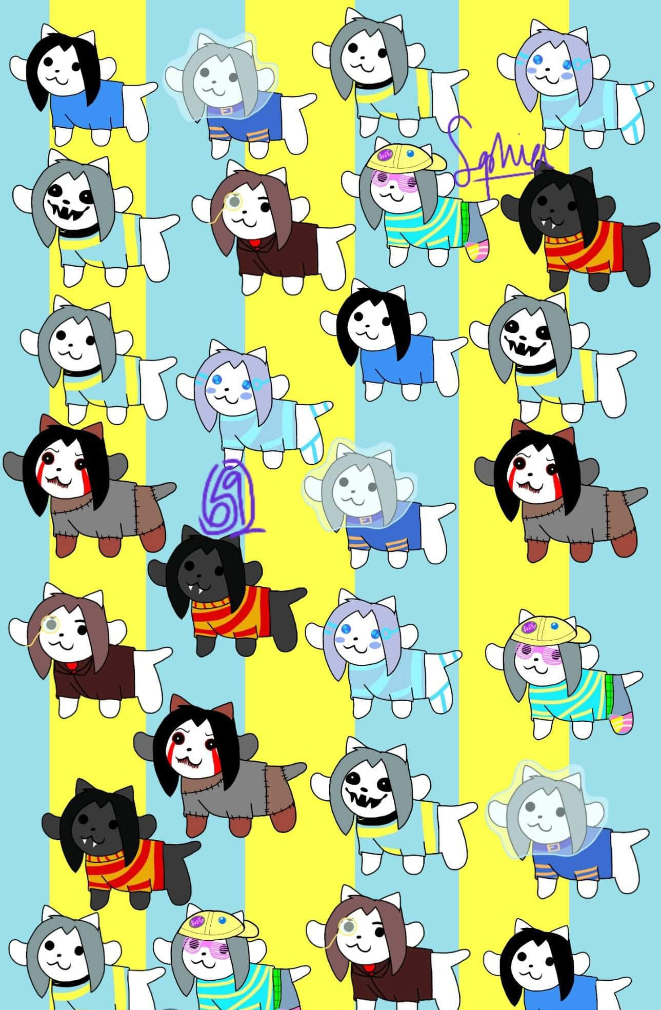 《Undertale》Temmie可愛藝術圖 壁紙 — 一個充滿活力的卡通貓角色網格，穿著多種服裝和表情，背景為黃色和藍色條紋。