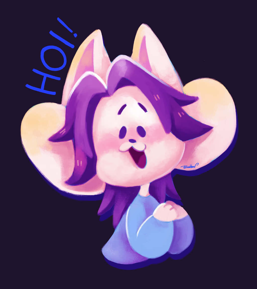 《Undertale》Temmie動漫風 壁紙 — 一個快樂的紫色頭髮、大耳朵、穿著藍色衣服的動漫角色，在黑暗背景上開心地揮手，並帶有「HOI！」文字。
