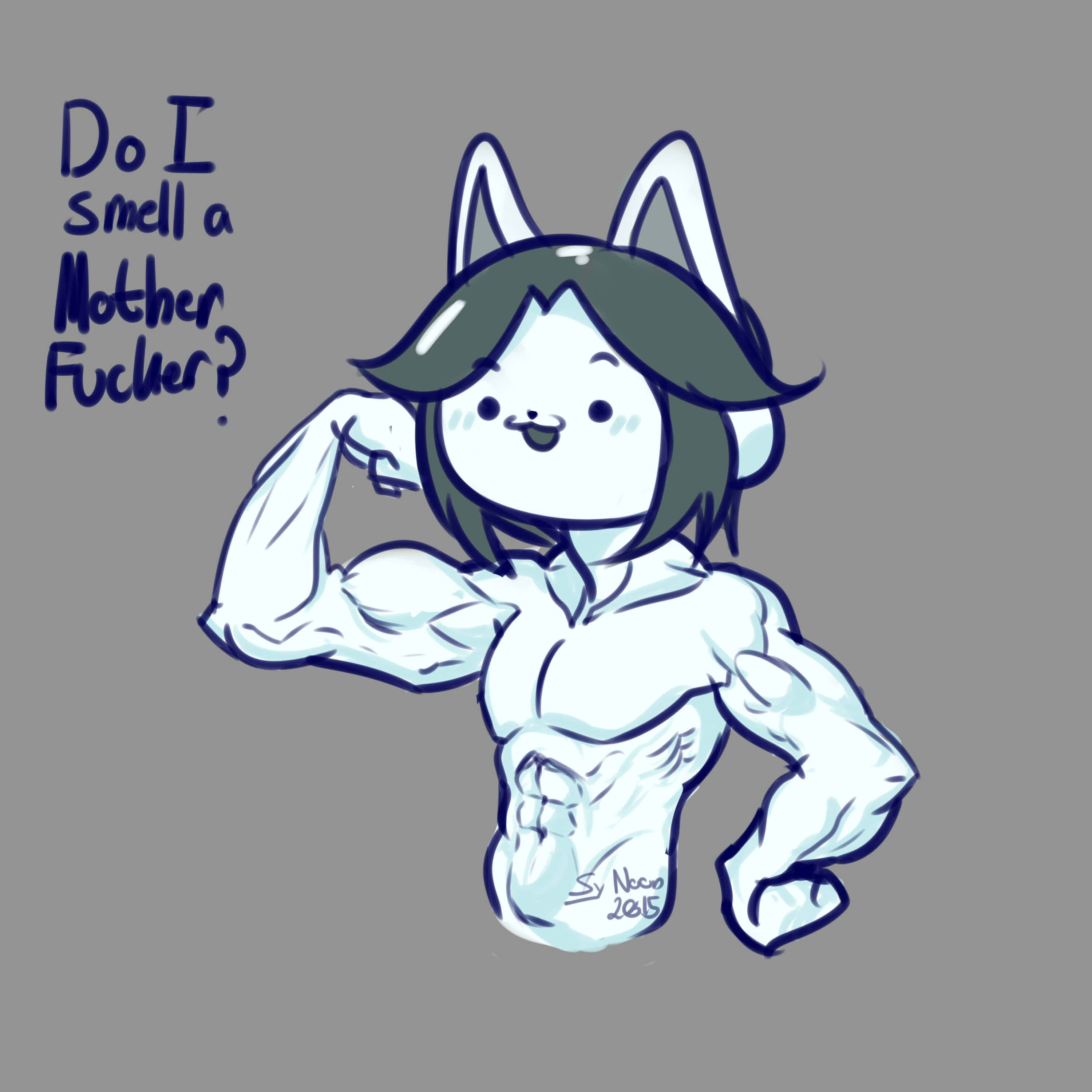 《Undertale》Temmie肌肉版藝術圖 壁紙 — 一個卡通貓女，深色頭髮，兔耳朵，在純灰色背景上展示她肌肉發達的手臂，並帶有文字。