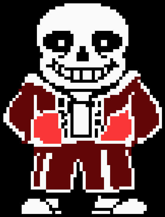 像素風格的《Undertale》桑斯角色 壁紙 — 像素藝術骷髏角色，身穿紅色西裝和領帶，站在黑色背景前，露出燦爛的笑容。