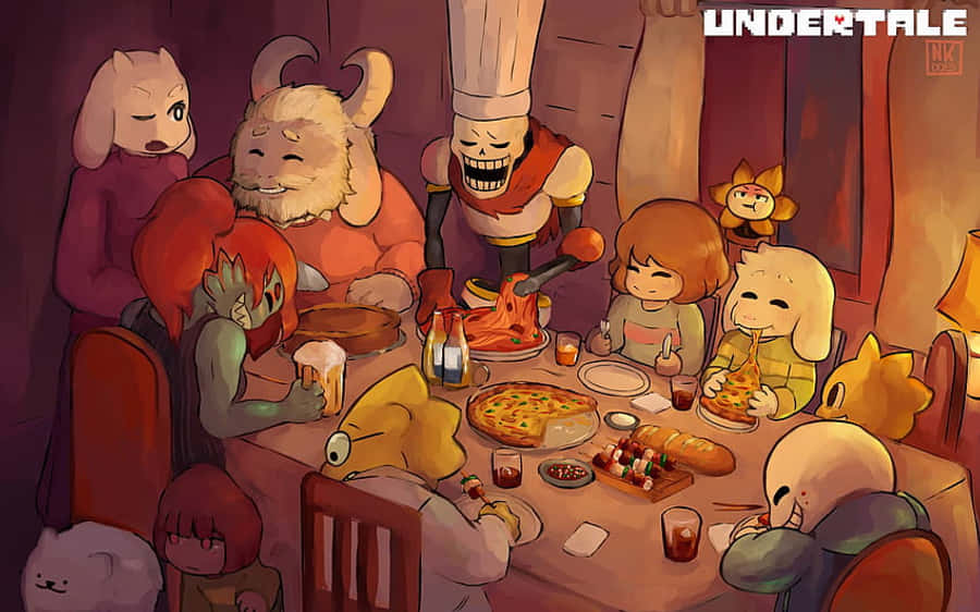 桌面呈現《Undertale》的生動世界 壁紙 — 在舒適的木製飯廳裡，Undertale 角色圍繞著擺滿披薩麵包和飲料的桌子舉行溫馨的晚餐聚會。