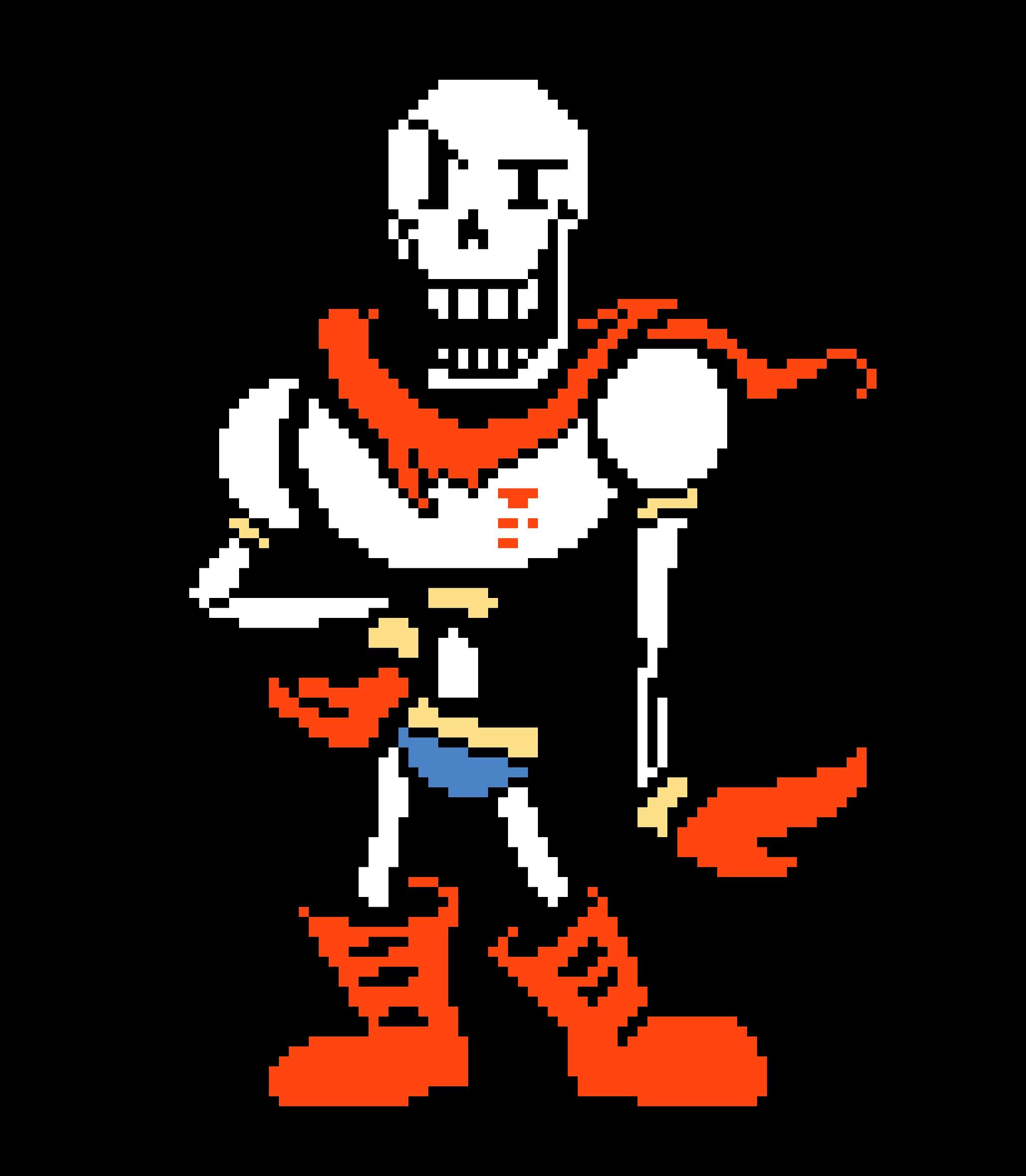 《Undertale》世界中的寧靜時刻 壁紙 — 一個像素藝術骷髏角色，戴著紅色圍巾和靴子，站在黑色背景前。