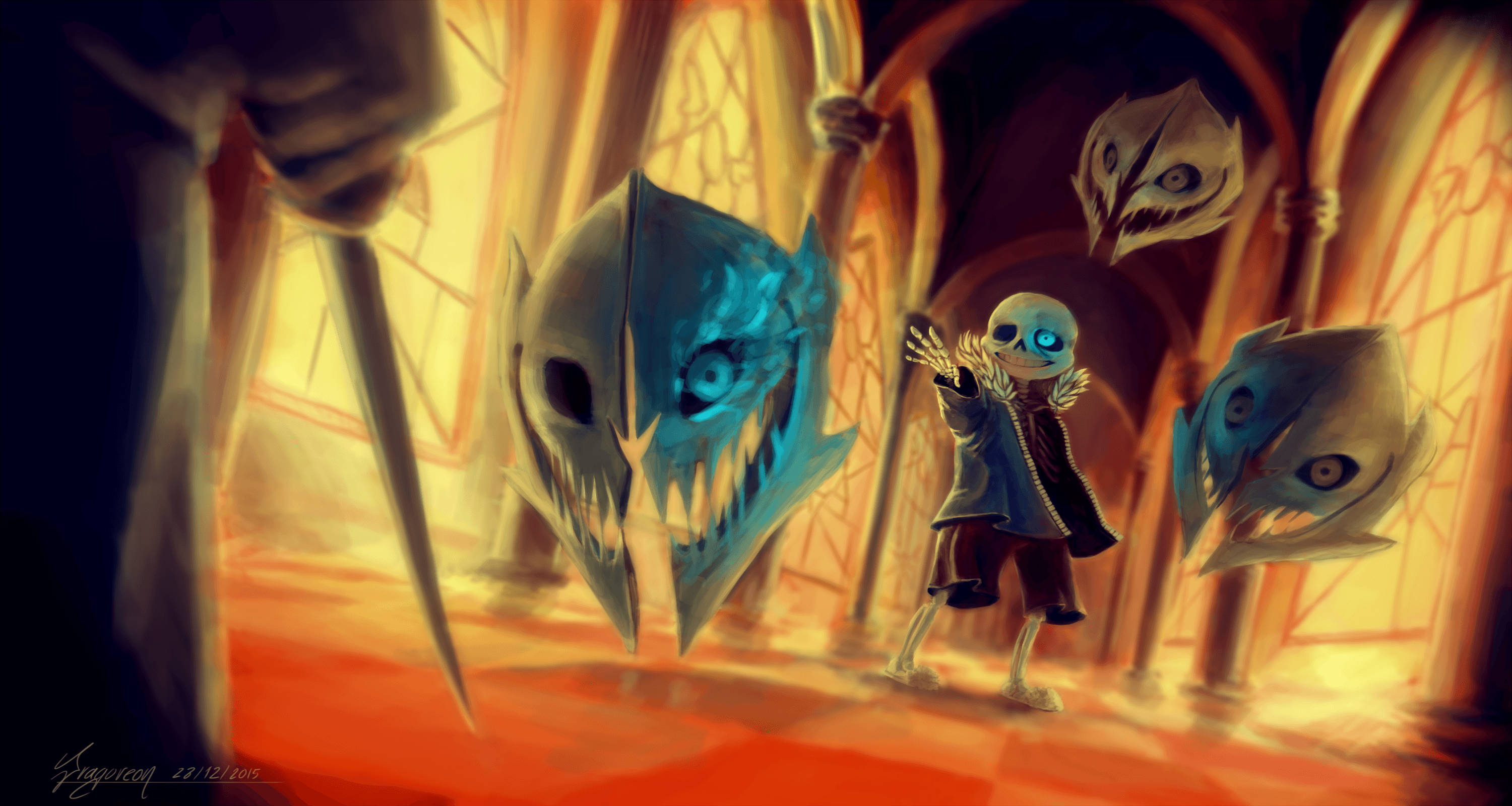 Undertale 中的 Aesthetic Sans 壁紙 — 一個細小的骷髏人物，擁有發光的藍色眼睛，挑釁地站在一個火熱的大教堂式大廳中，周圍環繞著帶有鋒利牙齒的威脅性漂浮頭骨。