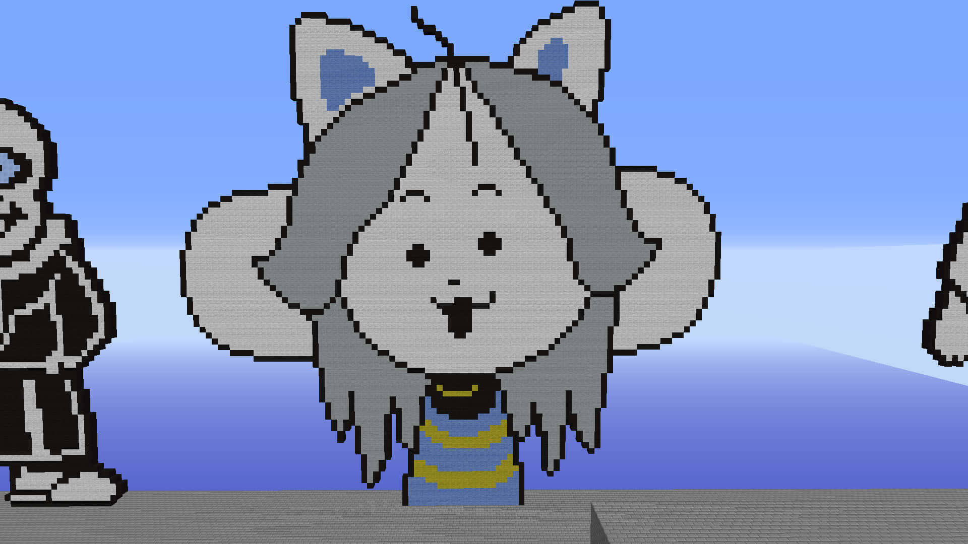 《Undertale》中的Temmie角色 壁紙 — 像素化貓耳角色，灰色頭髮和藍色領子，在漸變藍色天空下微笑。