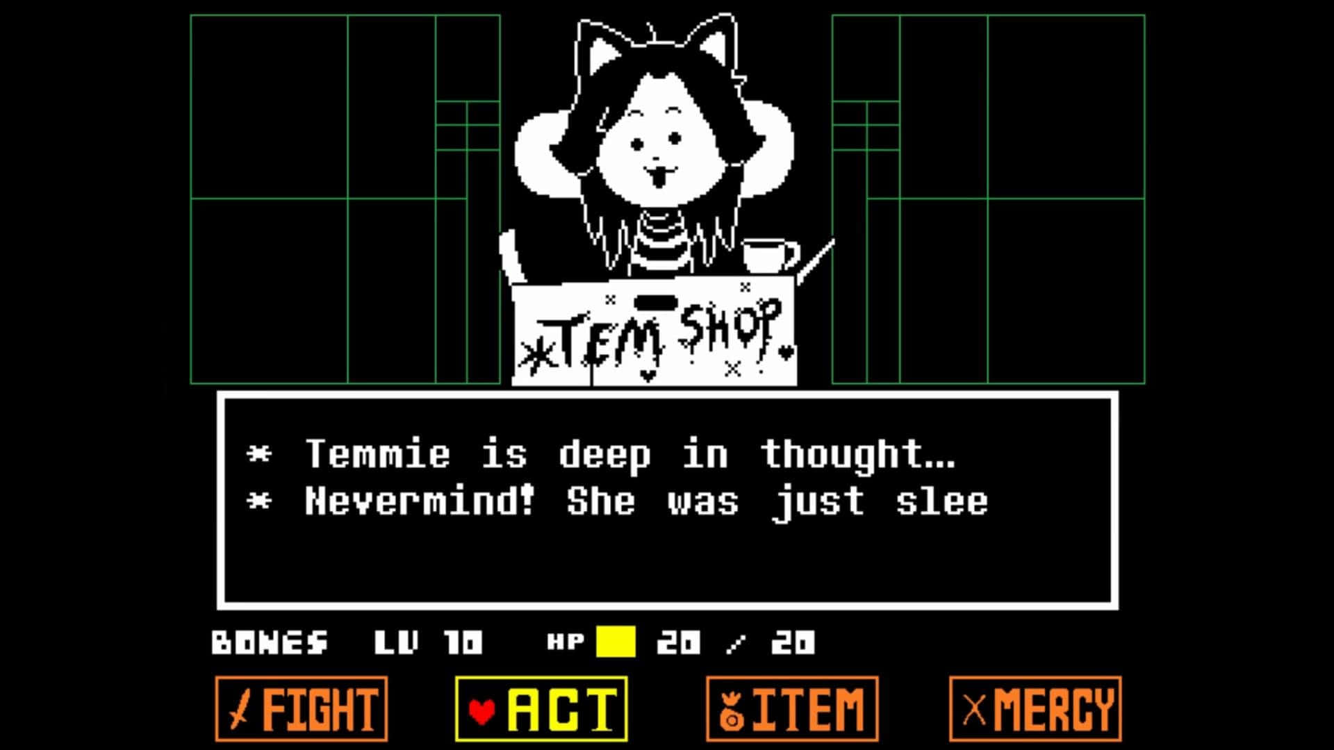 《Undertale》中的可愛小甜心Temmie 壁紙 — 一個有貓耳嘅像素藝術角色喺遊戲界面入面，坐喺「TEM SHOP」櫃檯後面，有文字對話同動作按鈕。