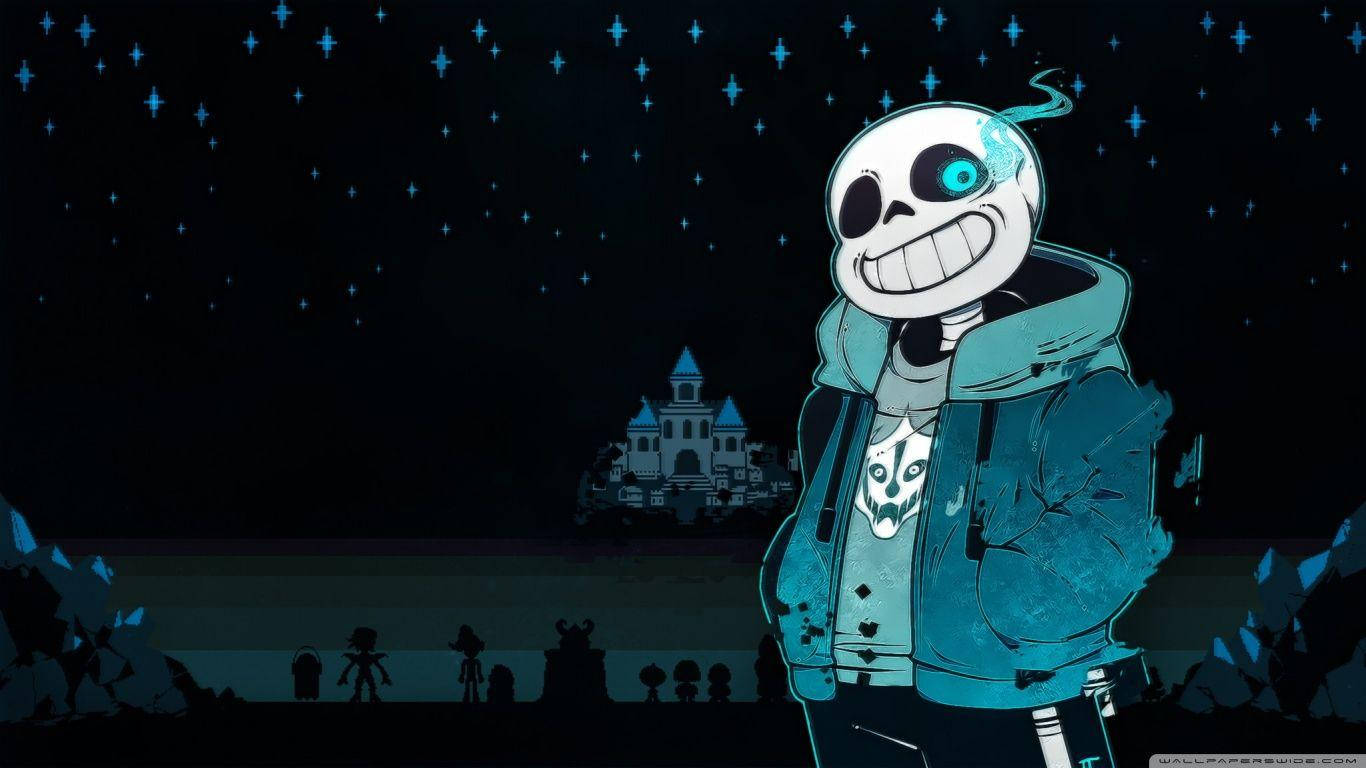 Undertale 中的骷髏角色 Sans 壁紙 — 一個卡通骷髏，有藍色眼睛和連帽衫，站在星空下，遠處有城堡和剪影人物。