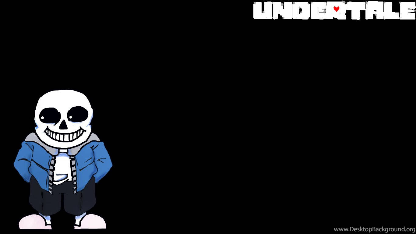 《Undertale》人氣主角Sans 壁紙 — 一個卡通骷髏角色穿著藍色外套，站在黑色背景前，上方有Undertale標誌。