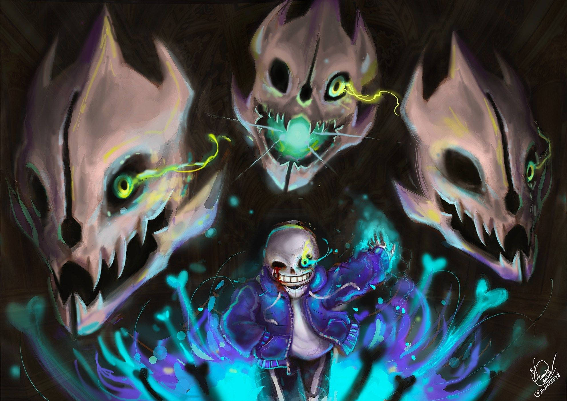 《Undertale》人氣角色Sans的精彩同人藝術 壁紙 — 一個卡通男孩，骷髏臉，穿著紫色外套，被三個發光的骷髏頭包圍，眼睛綠色，帶有電火花。